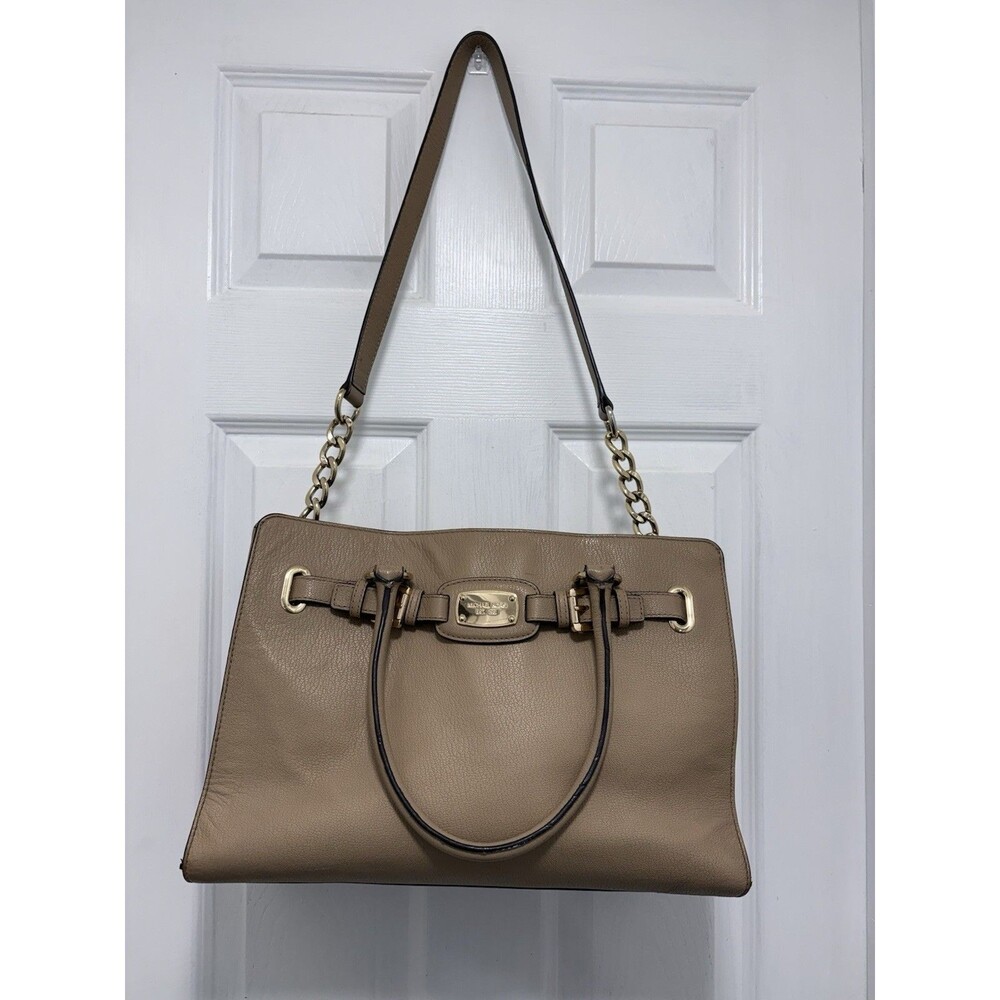 Michael Kors Hamilton East West Satchel Taupe Pebbled Leather Bag Gold Studs